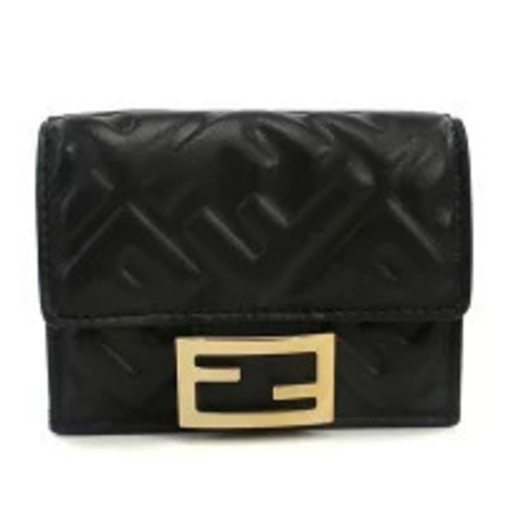 Fendi Tri fold Wallet Coin Purse Compact Leather Black